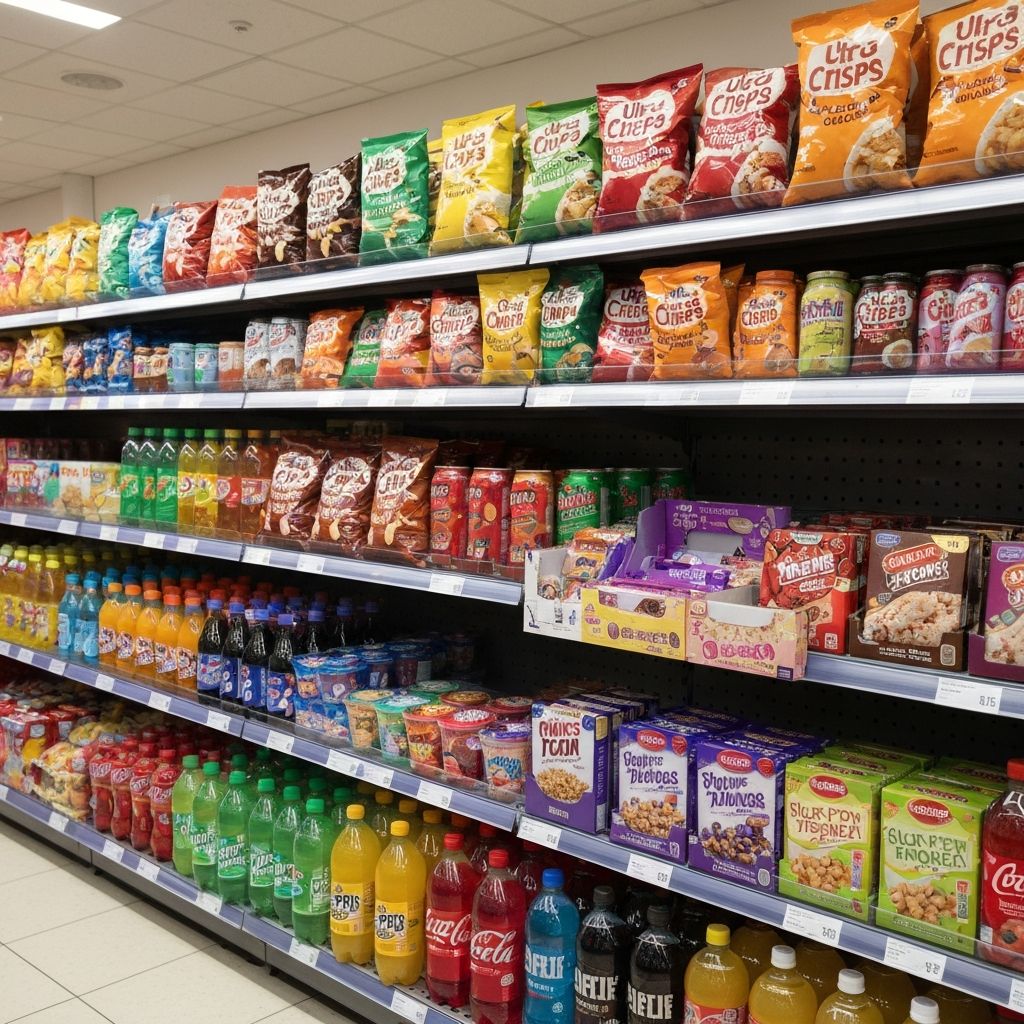Supermarket shelf showing ultra-processed foods