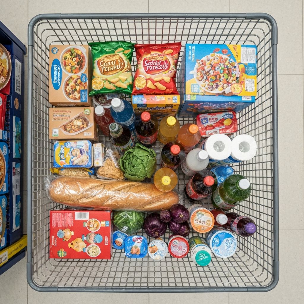 Typical UK supermarket trolley with common food items